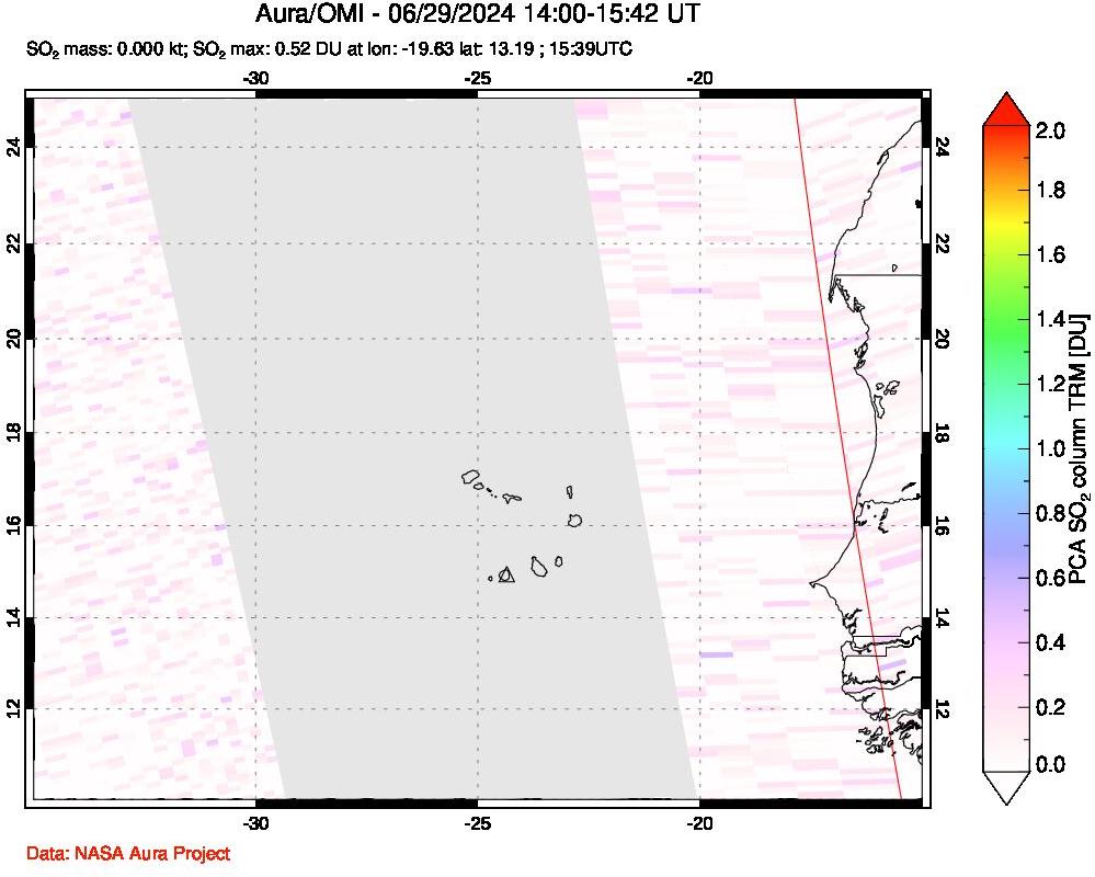 A sulfur dioxide image over Cape Verde Islands on Jun 29, 2024.