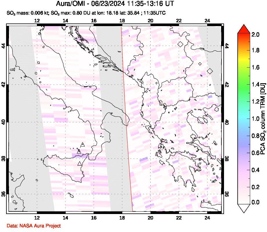 A sulfur dioxide image over Etna, Sicily, Italy on Jun 23, 2024.