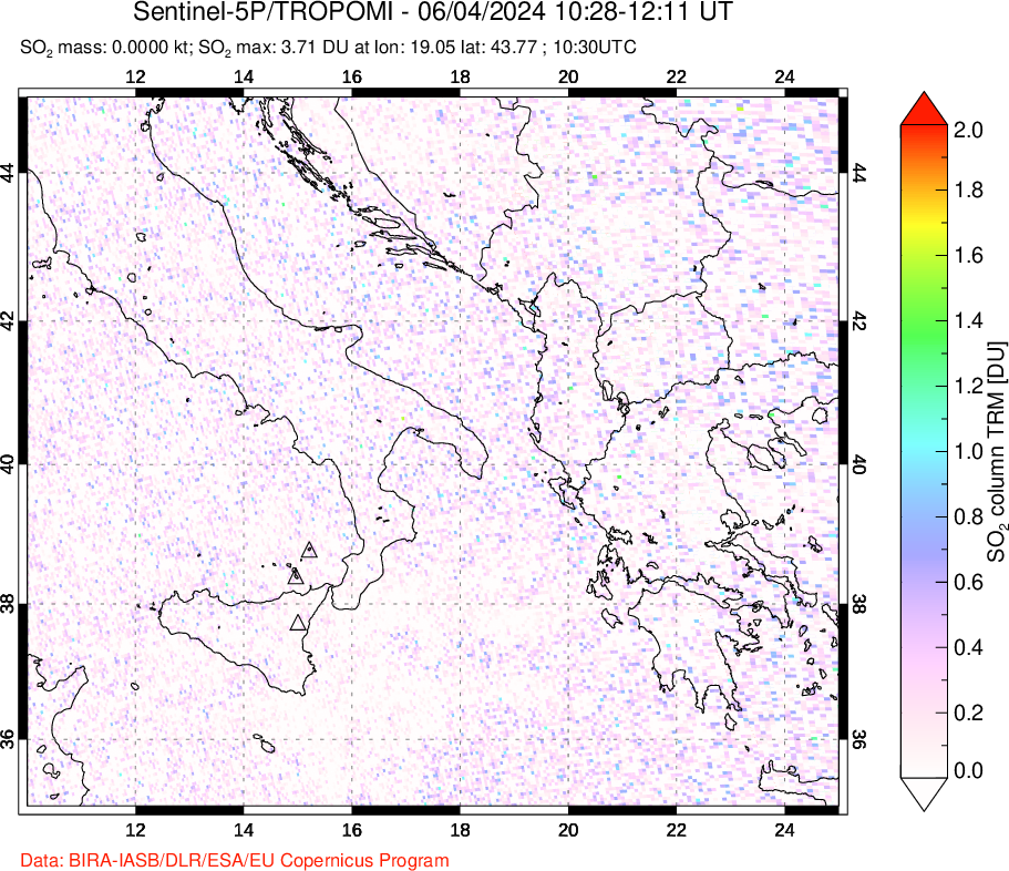 A sulfur dioxide image over Etna, Sicily, Italy on Jun 04, 2024.