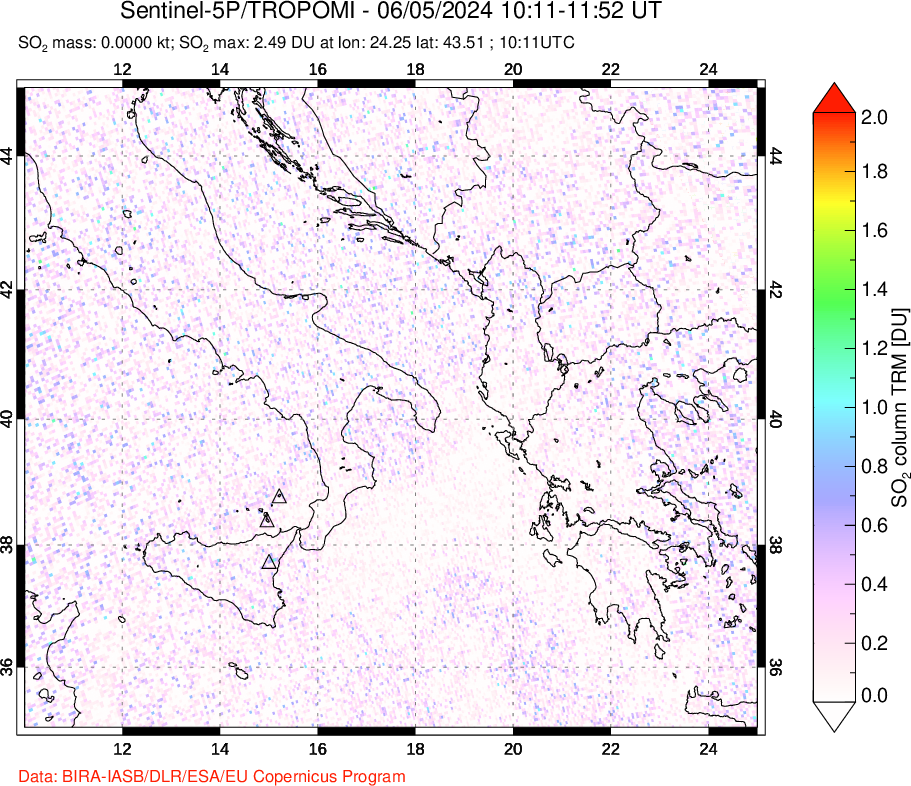 A sulfur dioxide image over Etna, Sicily, Italy on Jun 05, 2024.