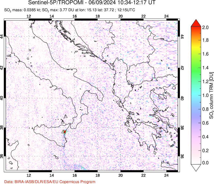 A sulfur dioxide image over Etna, Sicily, Italy on Jun 09, 2024.