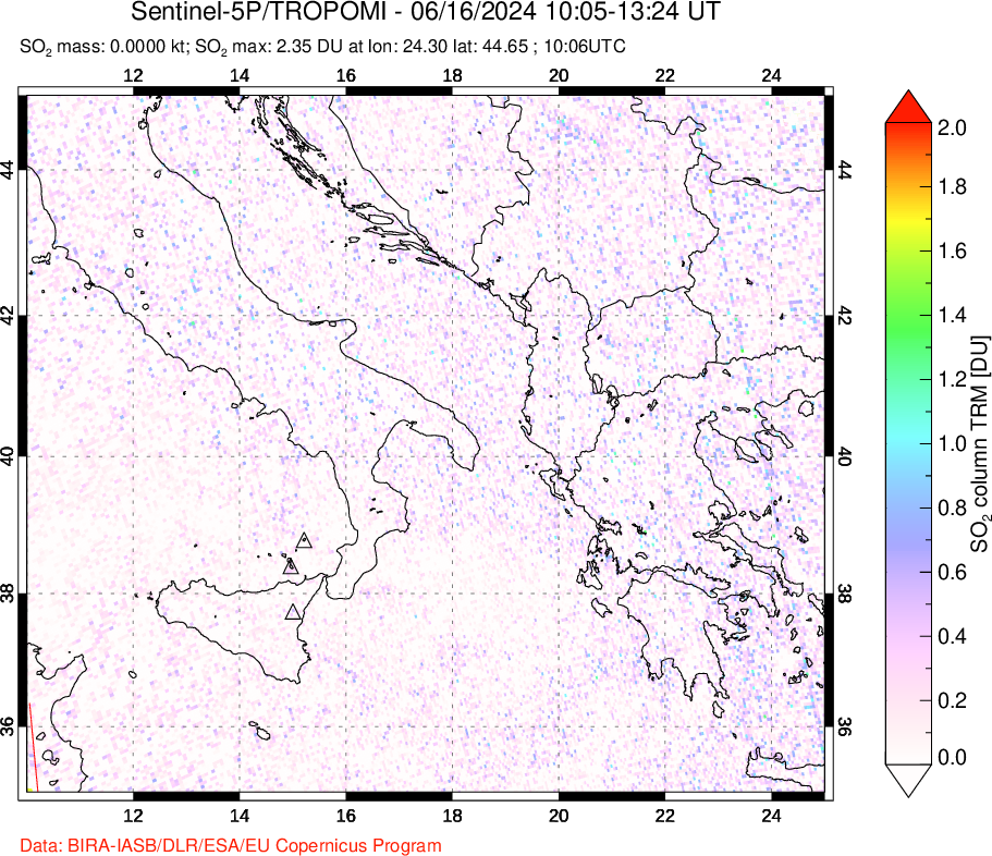 A sulfur dioxide image over Etna, Sicily, Italy on Jun 16, 2024.