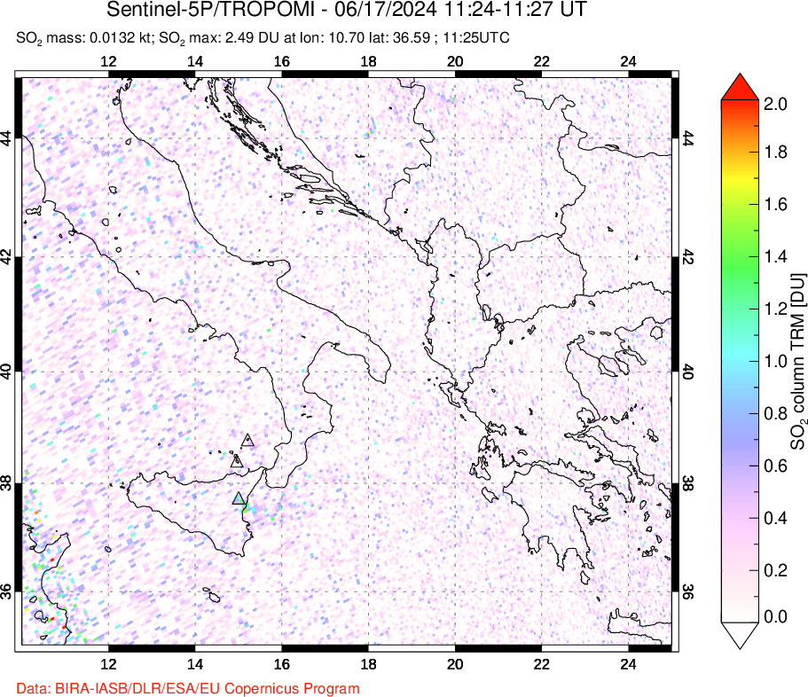 A sulfur dioxide image over Etna, Sicily, Italy on Jun 17, 2024.