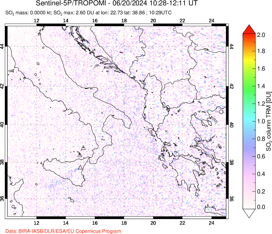 A sulfur dioxide image over Etna, Sicily, Italy on Jun 20, 2024.