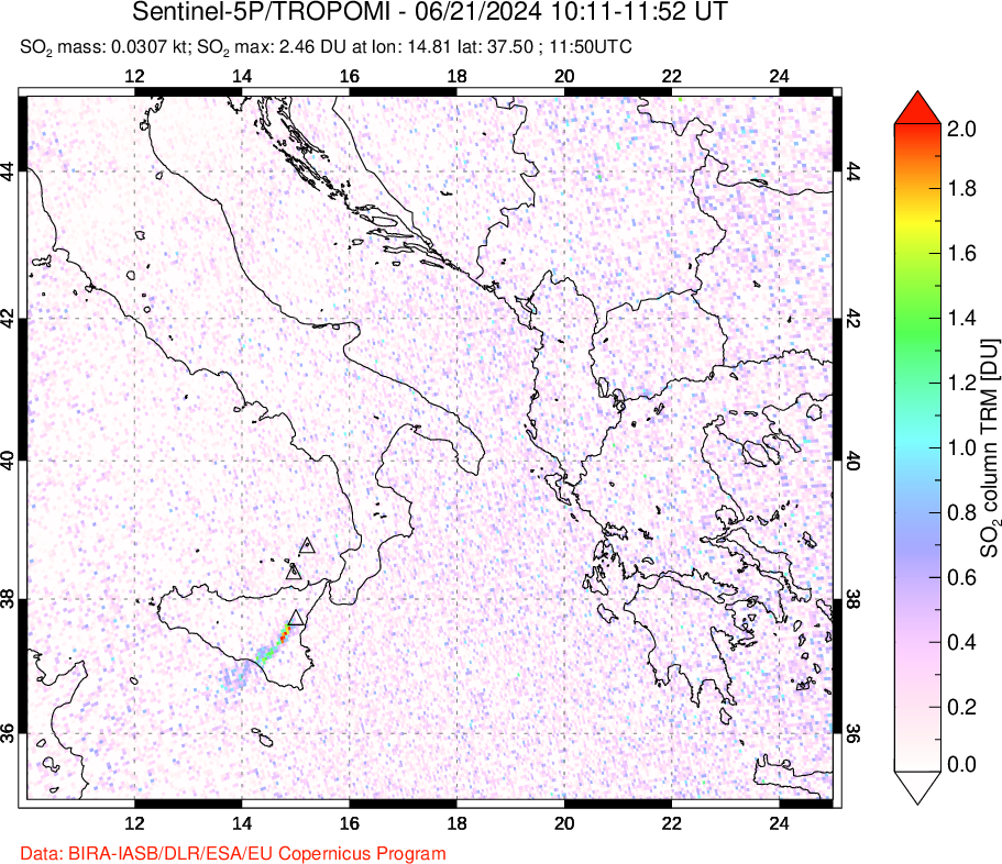 A sulfur dioxide image over Etna, Sicily, Italy on Jun 21, 2024.