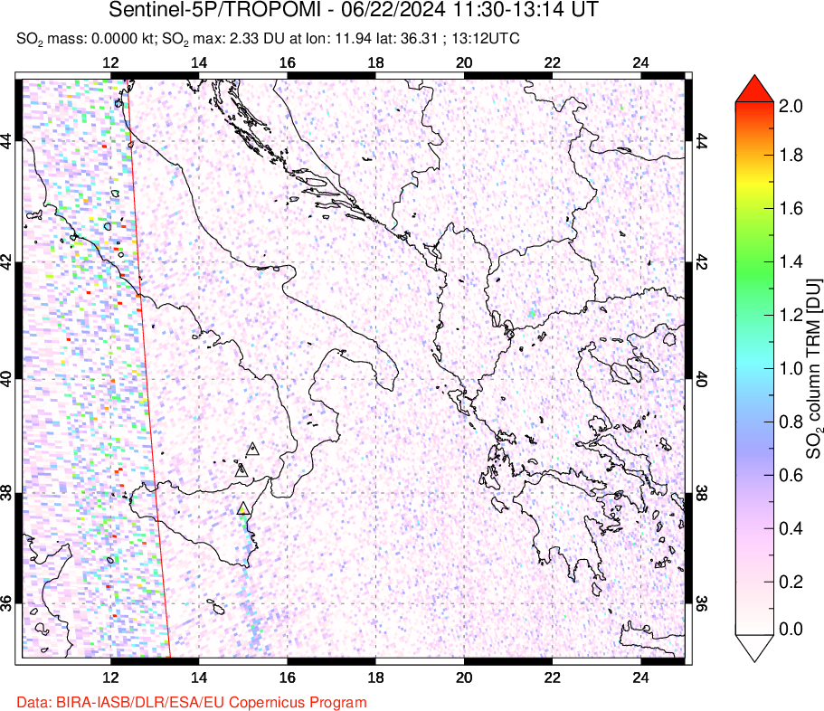 A sulfur dioxide image over Etna, Sicily, Italy on Jun 22, 2024.