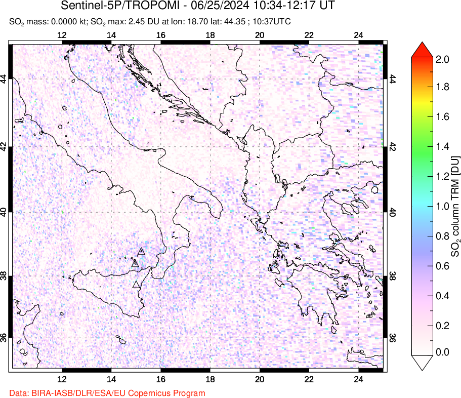 A sulfur dioxide image over Etna, Sicily, Italy on Jun 25, 2024.