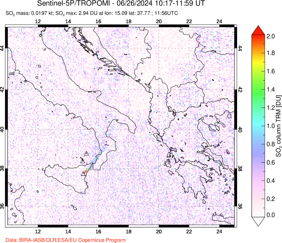 A sulfur dioxide image over Etna, Sicily, Italy on Jun 26, 2024.