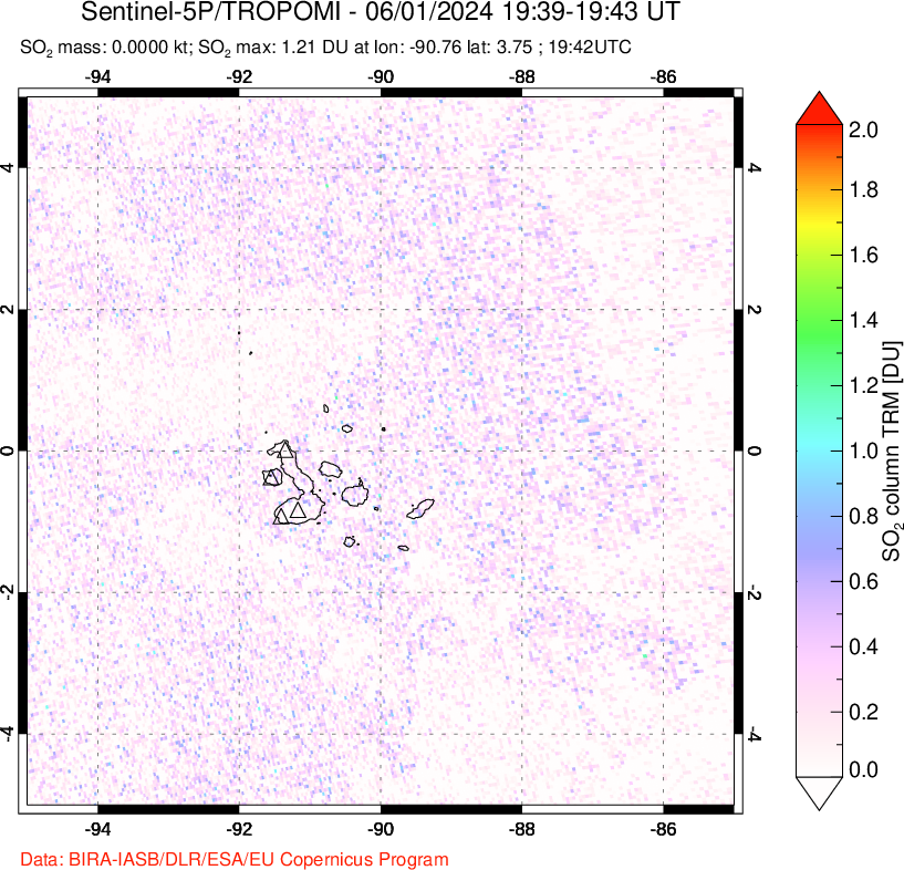 A sulfur dioxide image over Galápagos Islands on Jun 01, 2024.