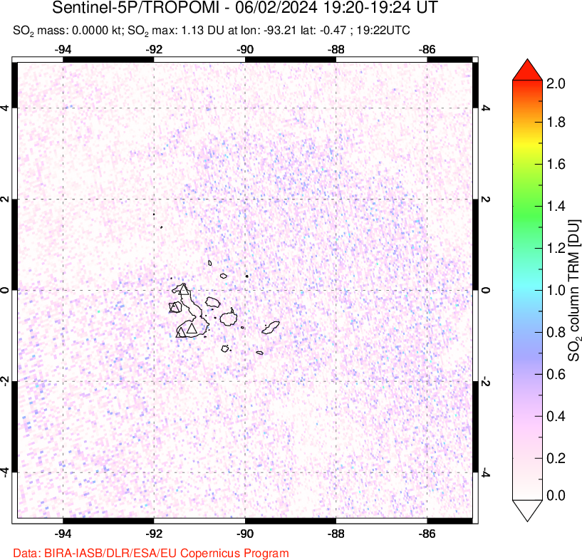 A sulfur dioxide image over Galápagos Islands on Jun 02, 2024.