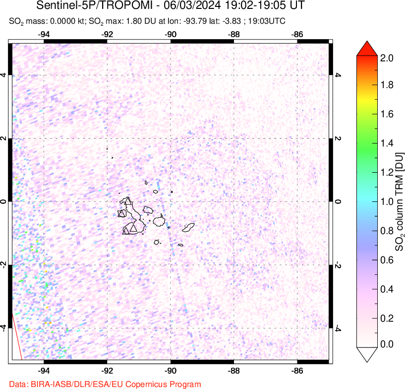 A sulfur dioxide image over Galápagos Islands on Jun 03, 2024.