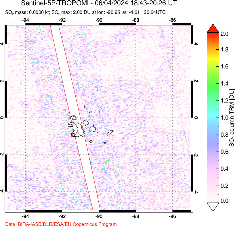 A sulfur dioxide image over Galápagos Islands on Jun 04, 2024.