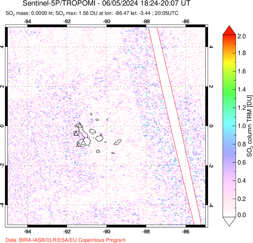 A sulfur dioxide image over Galápagos Islands on Jun 05, 2024.