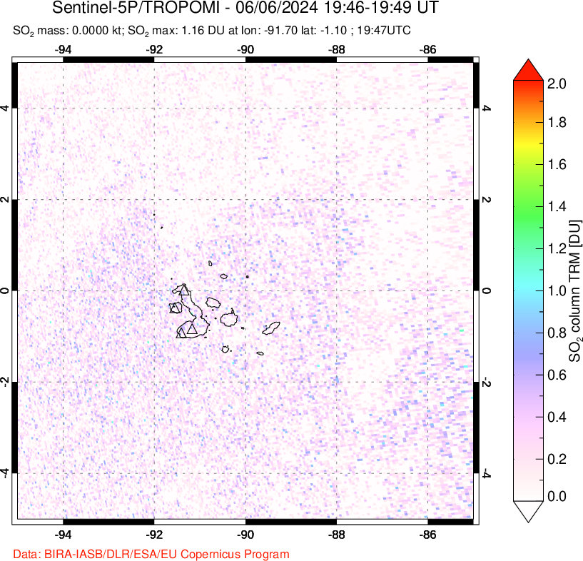 A sulfur dioxide image over Galápagos Islands on Jun 06, 2024.