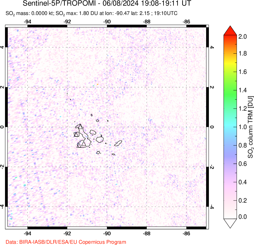 A sulfur dioxide image over Galápagos Islands on Jun 08, 2024.