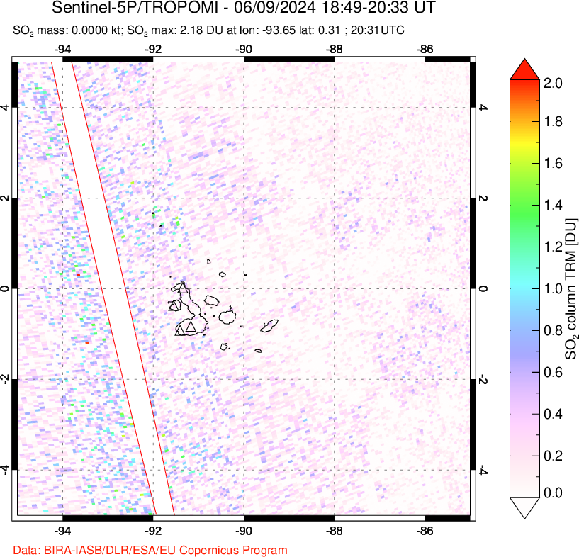 A sulfur dioxide image over Galápagos Islands on Jun 09, 2024.