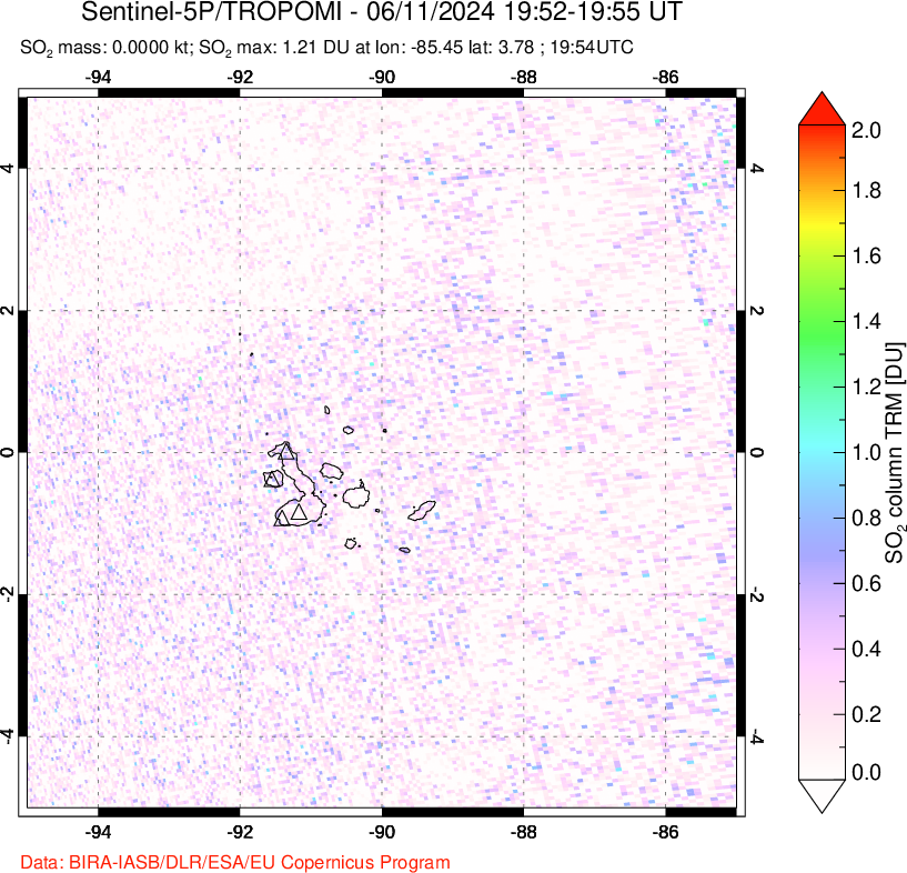 A sulfur dioxide image over Galápagos Islands on Jun 11, 2024.