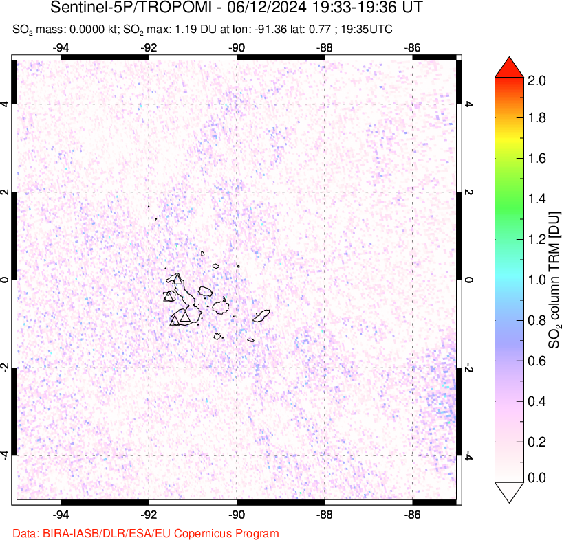 A sulfur dioxide image over Galápagos Islands on Jun 12, 2024.