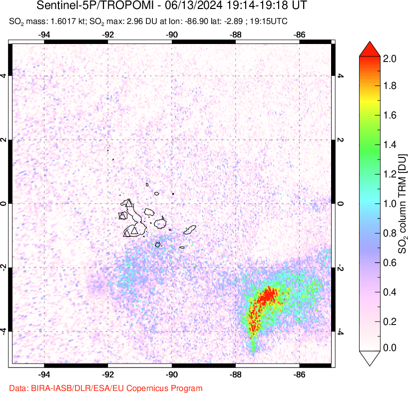 A sulfur dioxide image over Galápagos Islands on Jun 13, 2024.