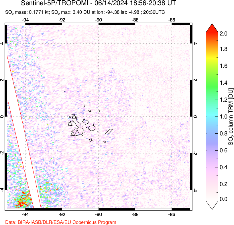 A sulfur dioxide image over Galápagos Islands on Jun 14, 2024.