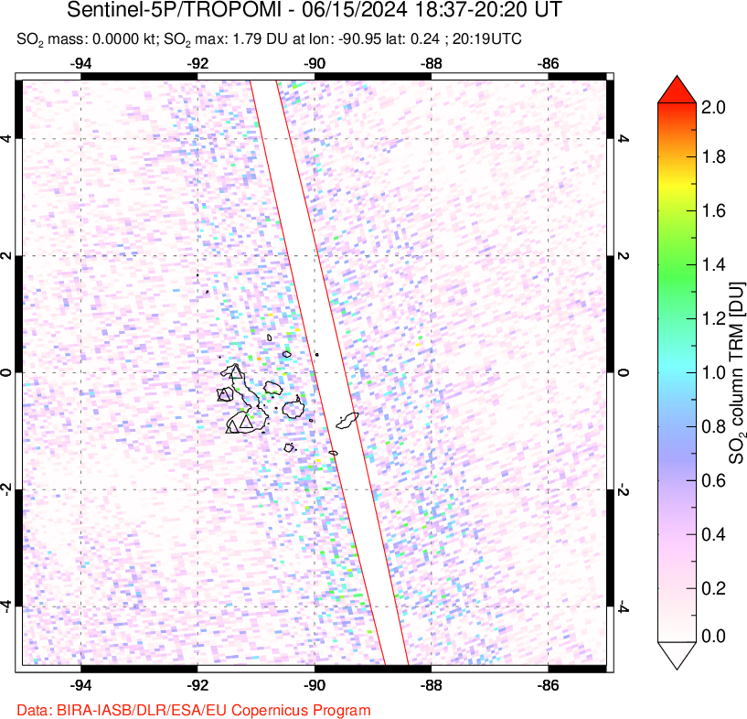 A sulfur dioxide image over Galápagos Islands on Jun 15, 2024.