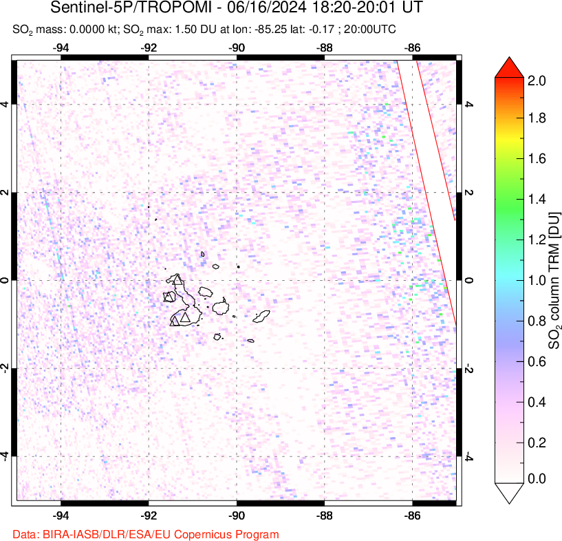 A sulfur dioxide image over Galápagos Islands on Jun 16, 2024.