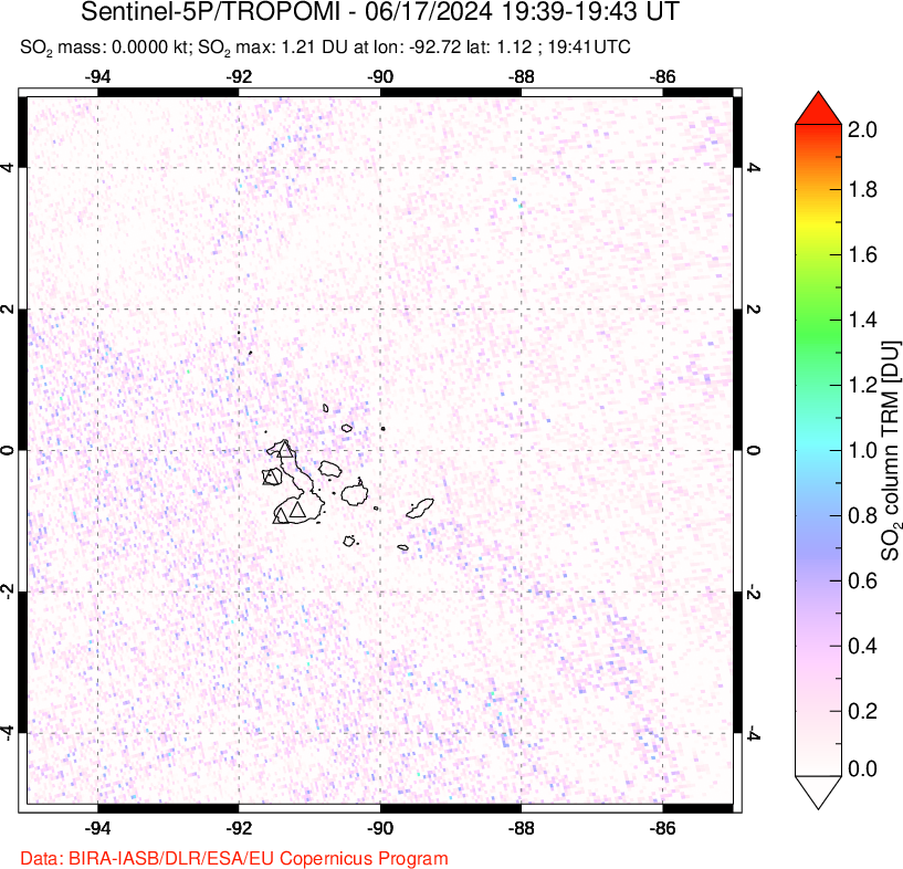 A sulfur dioxide image over Galápagos Islands on Jun 17, 2024.