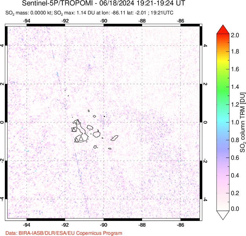 A sulfur dioxide image over Galápagos Islands on Jun 18, 2024.