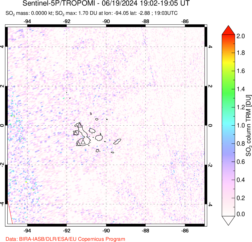 A sulfur dioxide image over Galápagos Islands on Jun 19, 2024.