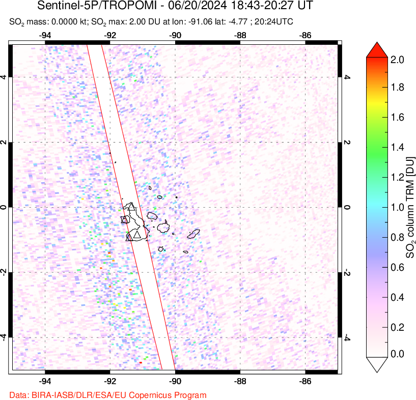 A sulfur dioxide image over Galápagos Islands on Jun 20, 2024.