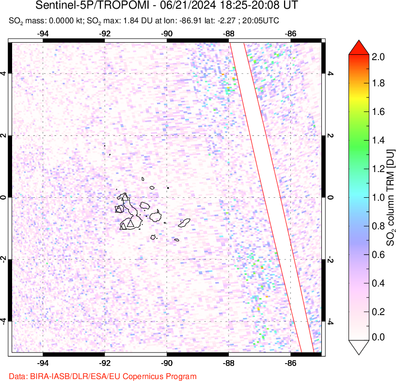 A sulfur dioxide image over Galápagos Islands on Jun 21, 2024.