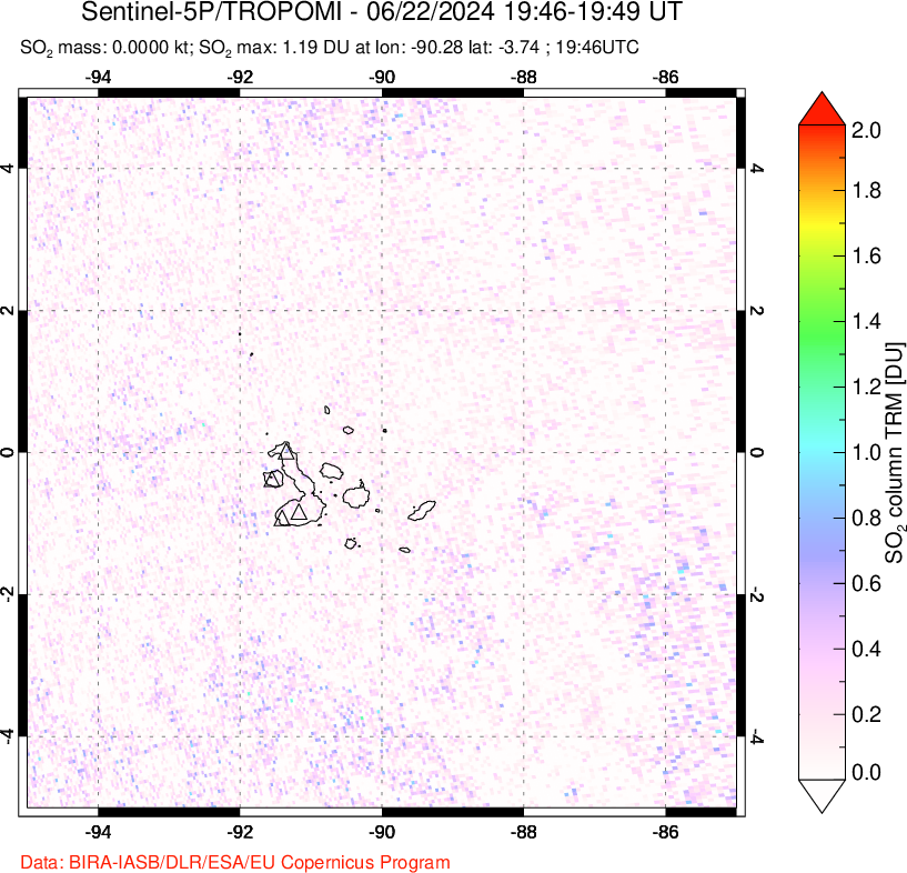 A sulfur dioxide image over Galápagos Islands on Jun 22, 2024.