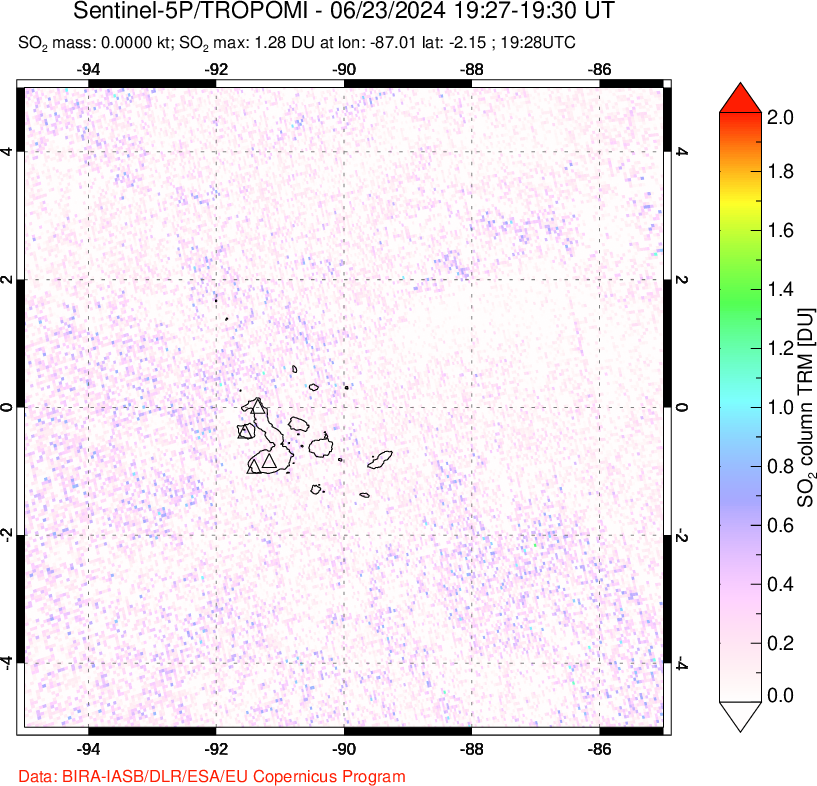 A sulfur dioxide image over Galápagos Islands on Jun 23, 2024.