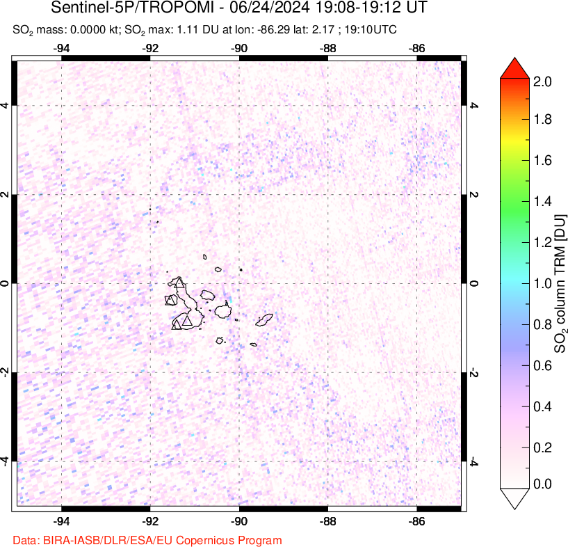 A sulfur dioxide image over Galápagos Islands on Jun 24, 2024.