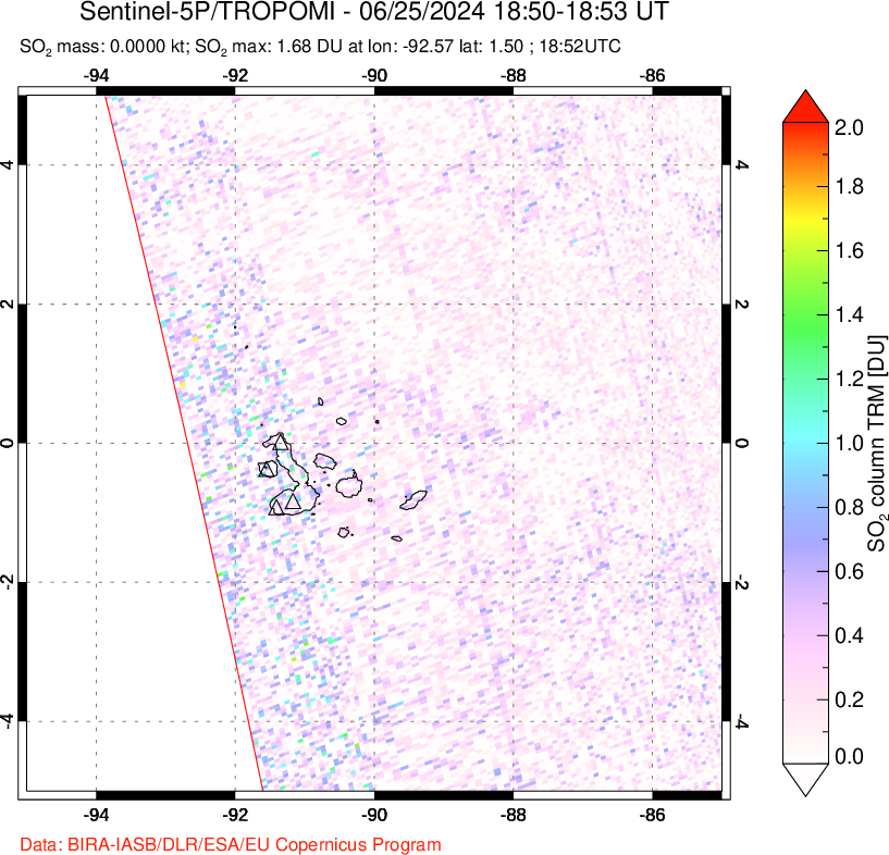 A sulfur dioxide image over Galápagos Islands on Jun 25, 2024.