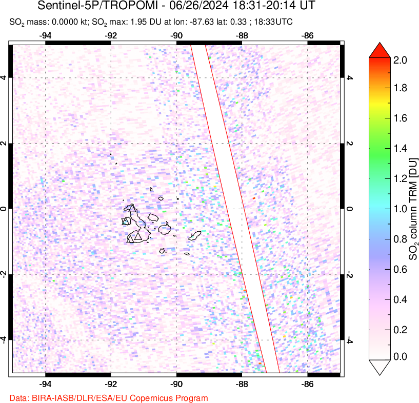 A sulfur dioxide image over Galápagos Islands on Jun 26, 2024.