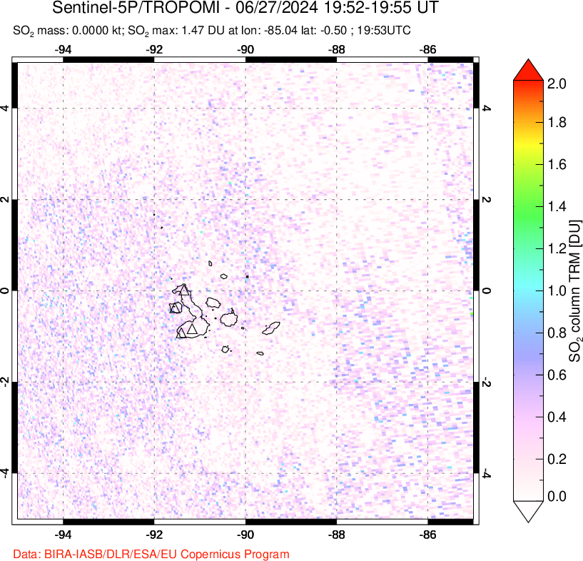 A sulfur dioxide image over Galápagos Islands on Jun 27, 2024.