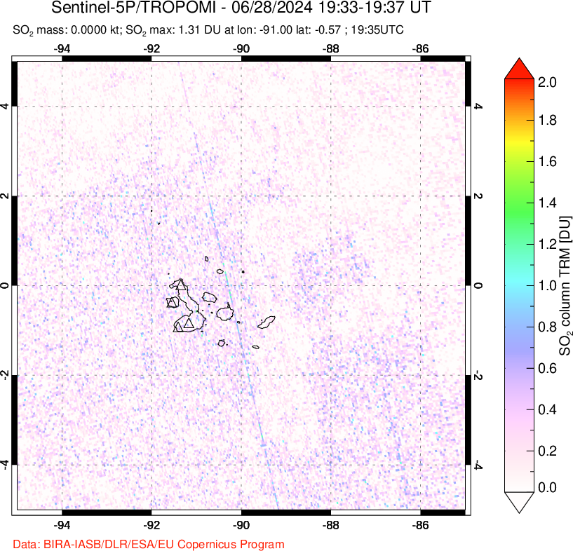 A sulfur dioxide image over Galápagos Islands on Jun 28, 2024.