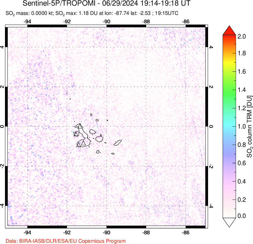 A sulfur dioxide image over Galápagos Islands on Jun 29, 2024.