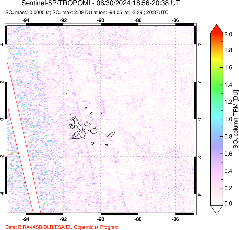 A sulfur dioxide image over Galápagos Islands on Jun 30, 2024.