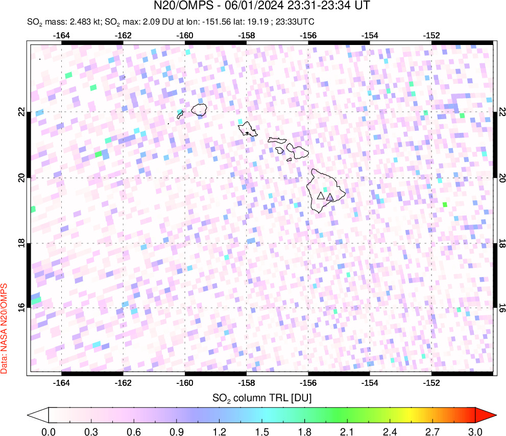 A sulfur dioxide image over Hawaii, USA on Jun 01, 2024.