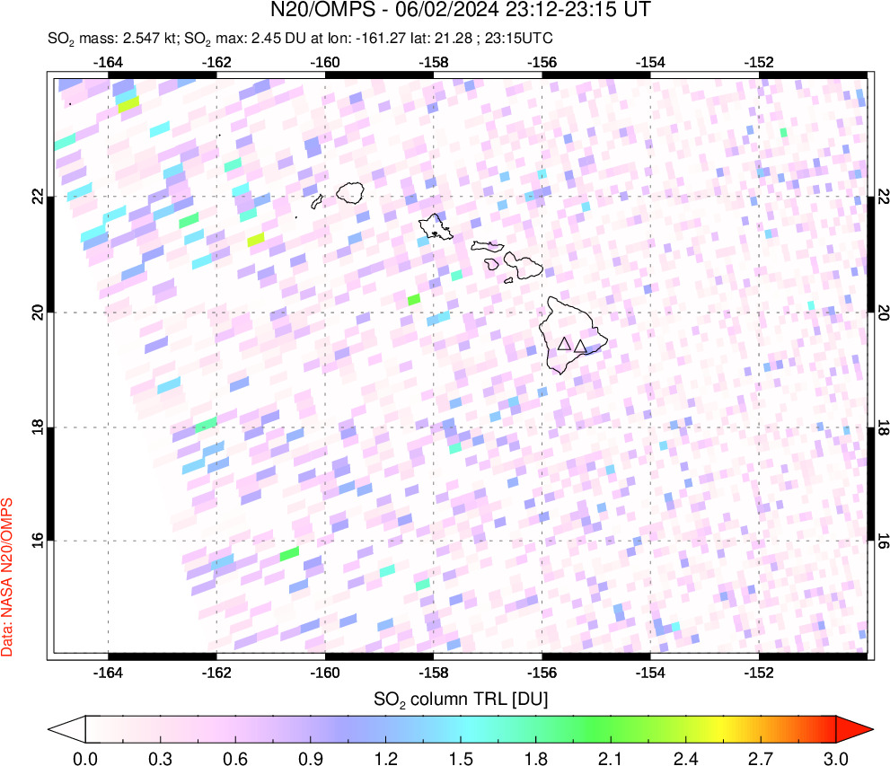 A sulfur dioxide image over Hawaii, USA on Jun 02, 2024.