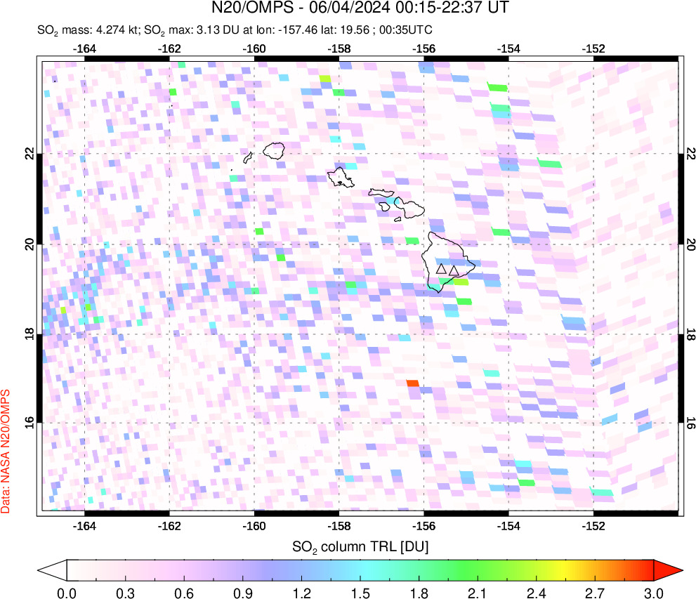 A sulfur dioxide image over Hawaii, USA on Jun 04, 2024.