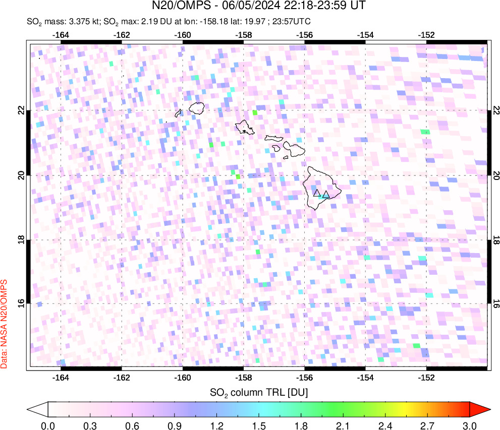 A sulfur dioxide image over Hawaii, USA on Jun 05, 2024.