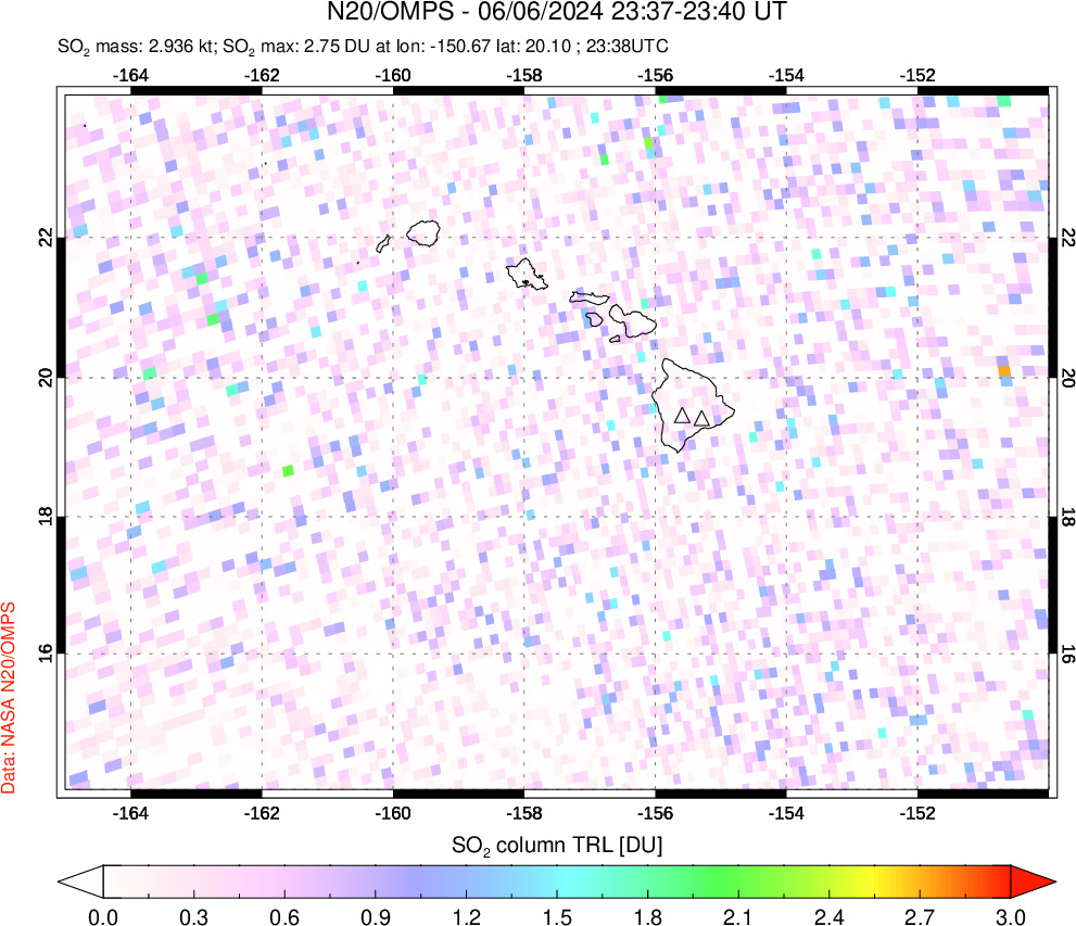 A sulfur dioxide image over Hawaii, USA on Jun 06, 2024.