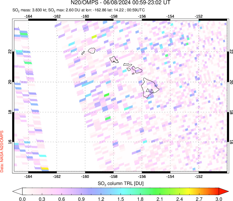 A sulfur dioxide image over Hawaii, USA on Jun 08, 2024.