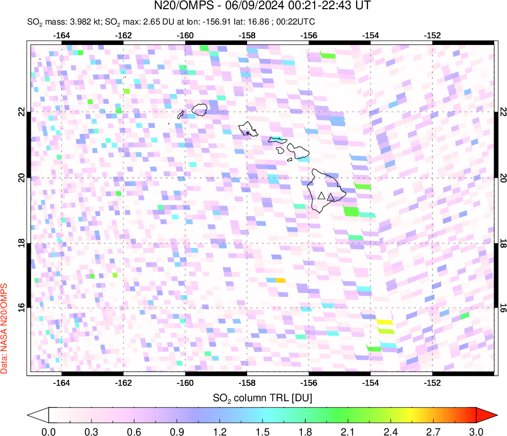 A sulfur dioxide image over Hawaii, USA on Jun 09, 2024.