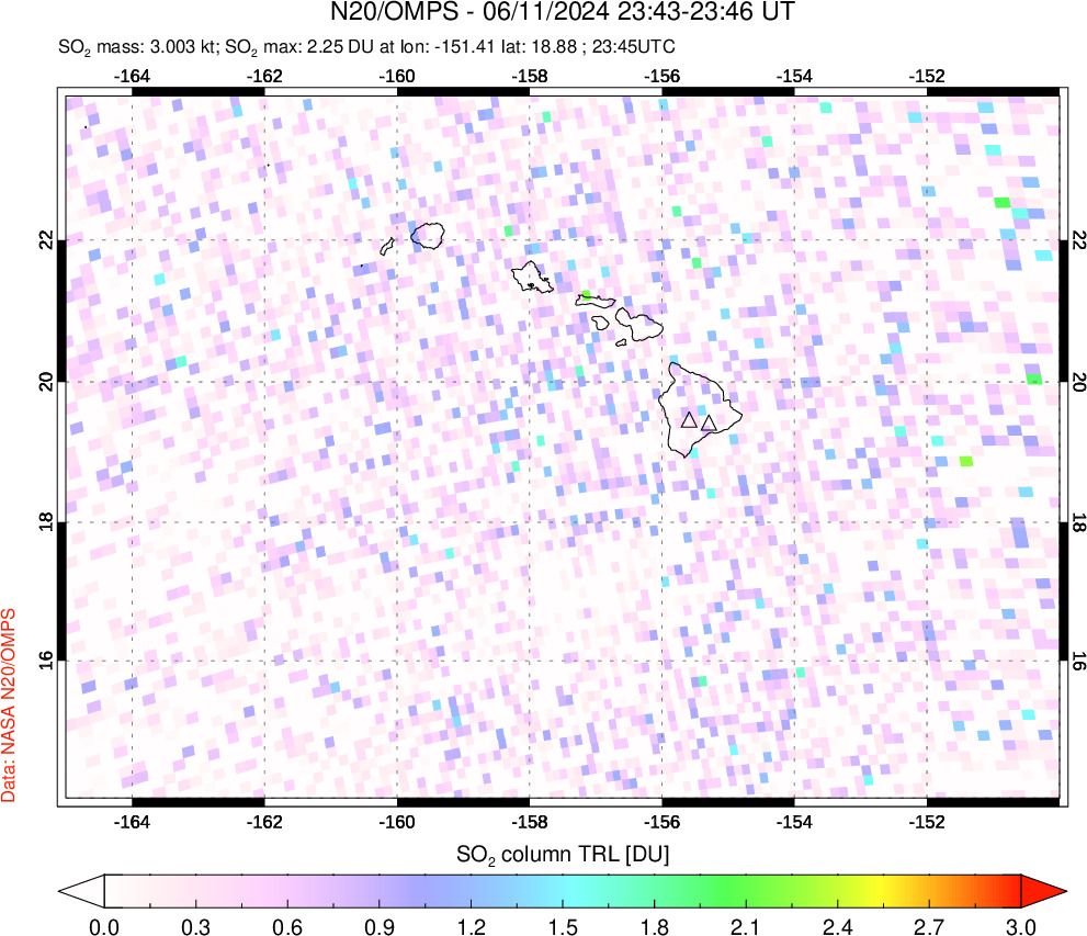 A sulfur dioxide image over Hawaii, USA on Jun 11, 2024.