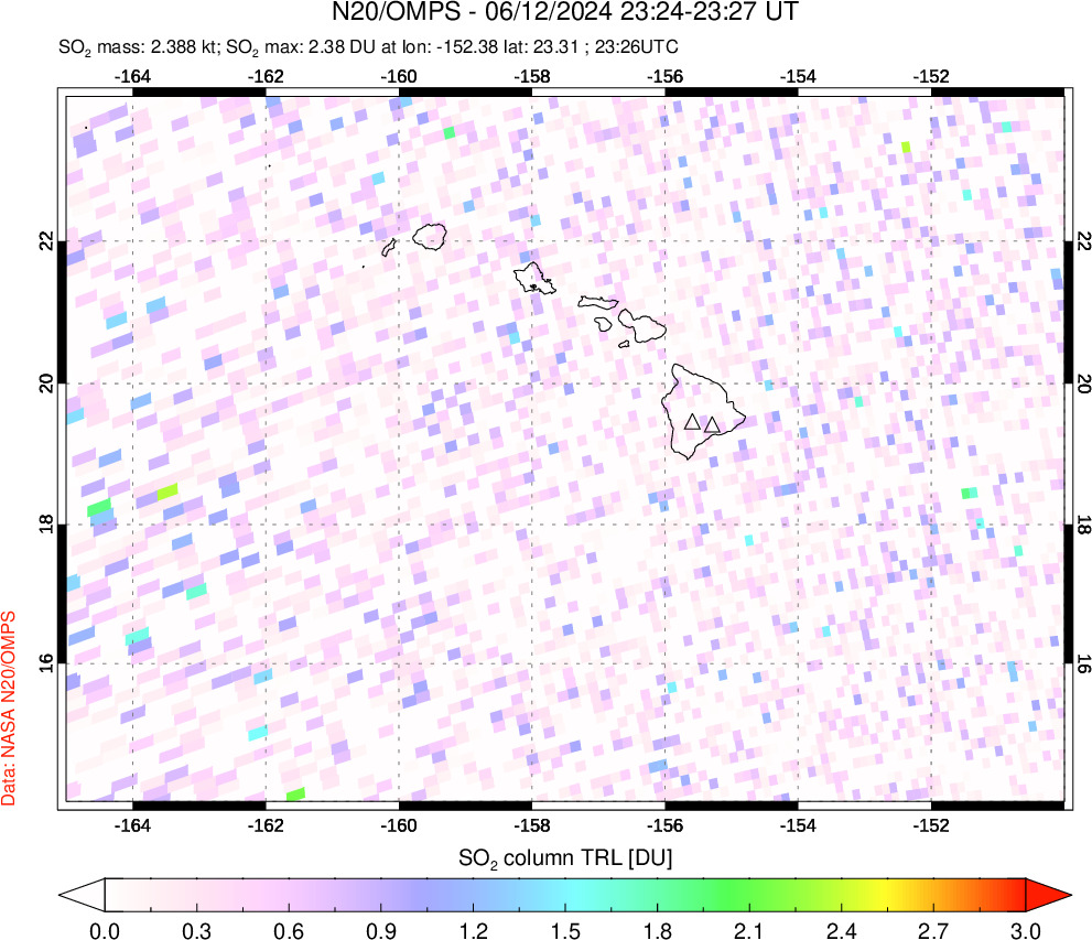 A sulfur dioxide image over Hawaii, USA on Jun 12, 2024.