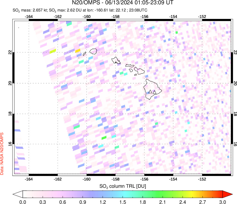 A sulfur dioxide image over Hawaii, USA on Jun 13, 2024.